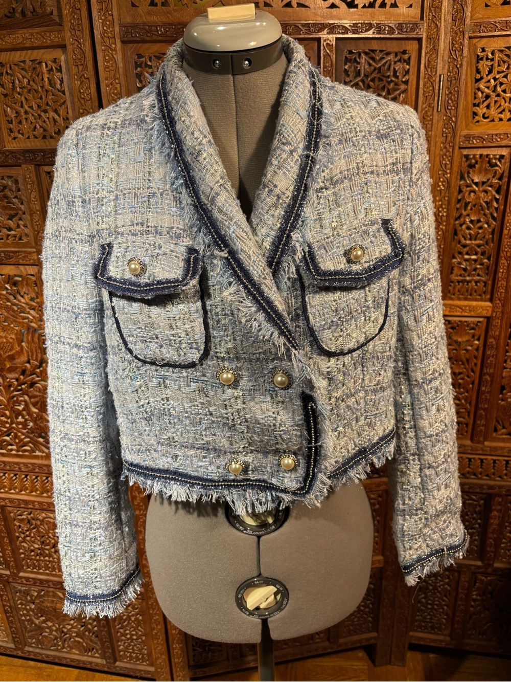 Cropped Light Blue Tweed Blazer with Pearl Buttons